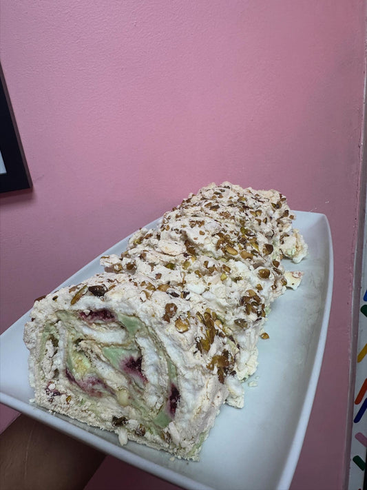 Pistachio white chocolate & raspberry Roulade
